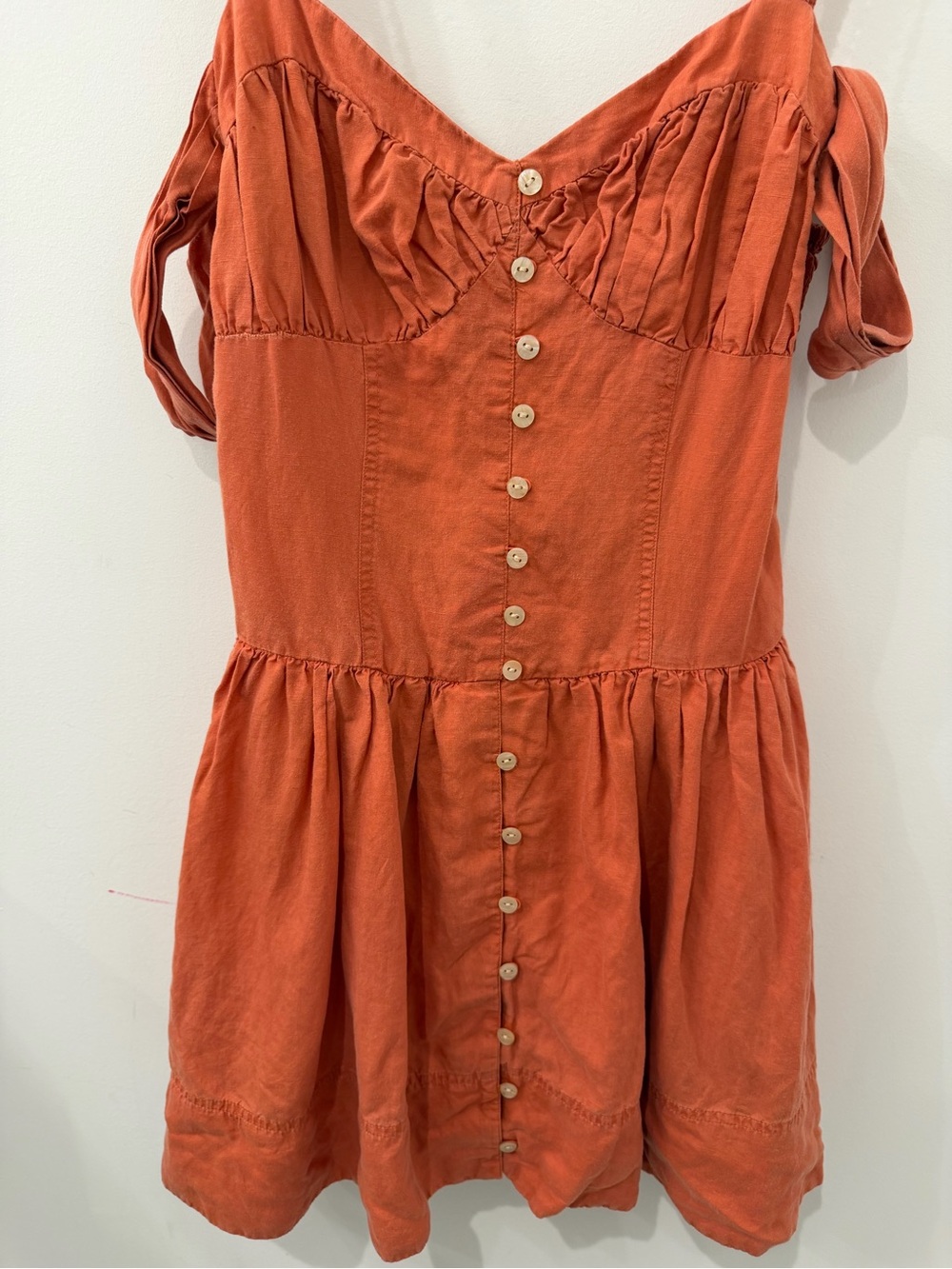 Anthropologie Off The Shoulder Linen Mini Dress in Canyon Pink/Orange - Picture 9 of 11